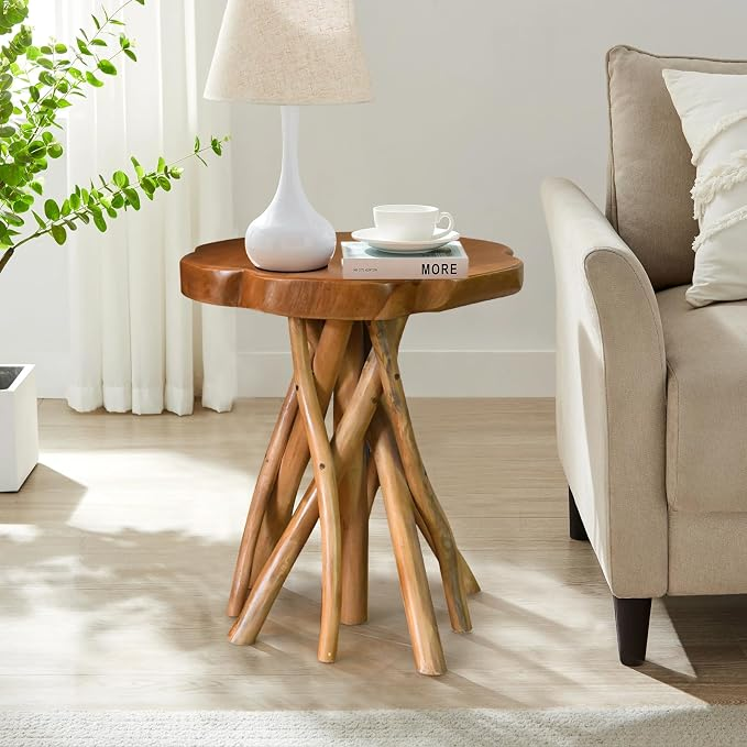 ZapweareSolid Teak Live Edge End Table, Petal Accent Table