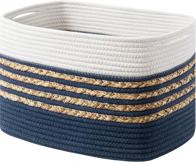 Woven Cotton Rope Storage Basket with Handles – Navy Blue